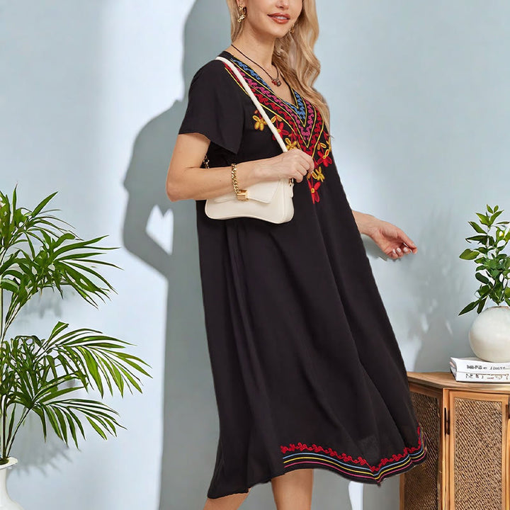 Buddha Stones Black Summer Casual Bohemian Embroidery Geometric Pattern Short Sleeve V-Neck Cotton Midi Dress - image 7