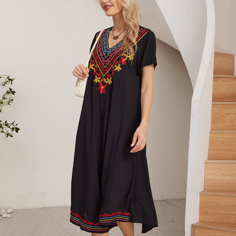 Buddha Stones Black Summer Casual Bohemian Embroidery Geometric Pattern Short Sleeve V-Neck Cotton Midi Dress