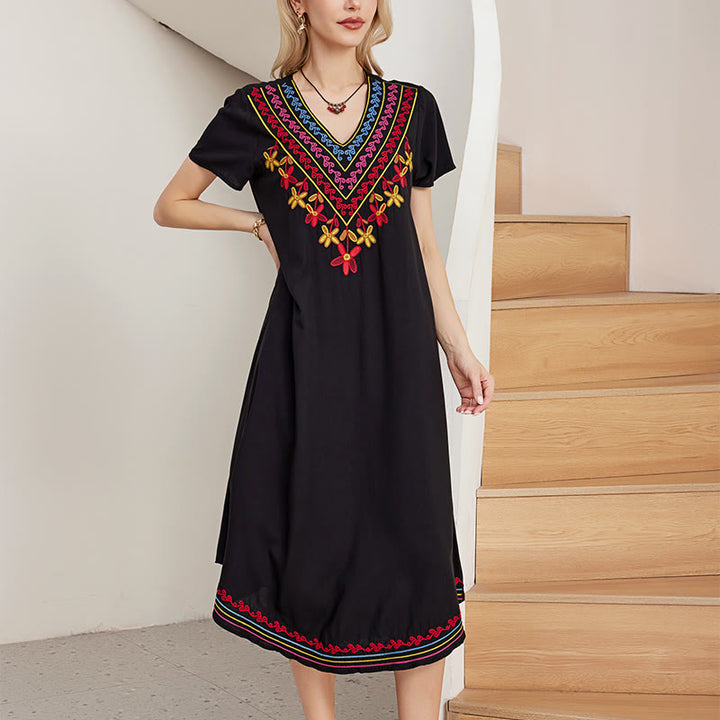 Buddha Stones Black Summer Casual Bohemian Embroidery Geometric Pattern Short Sleeve V-Neck Cotton Midi Dress