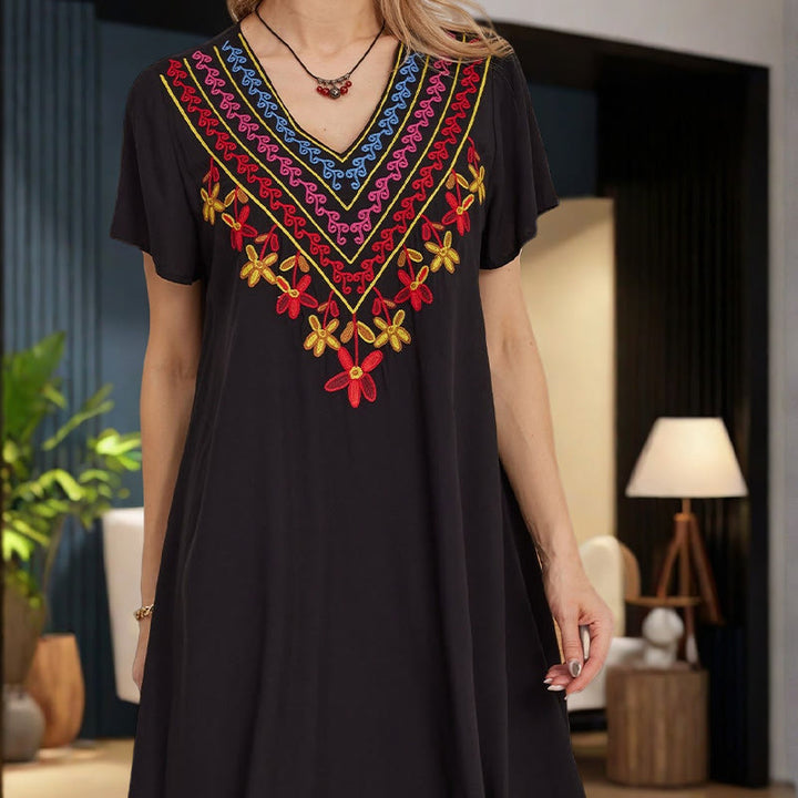 Buddha Stones Black Summer Casual Bohemian Embroidery Geometric Pattern Short Sleeve V-Neck Cotton Midi Dress
