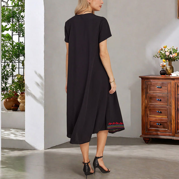 Buddha Stones Black Summer Casual Bohemian Embroidery Geometric Pattern Short Sleeve V-Neck Cotton Midi Dress