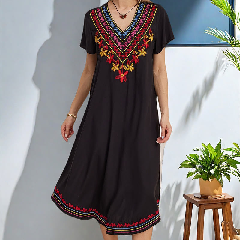 Buddha Stones Black Summer Casual Bohemian Embroidery Geometric Pattern Short Sleeve V-Neck Cotton Midi Dress