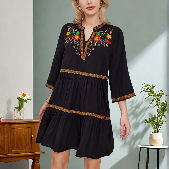 Buddha Stones Black Loose Bohemian Embroidery Floral Geometric Pattern Three Quarter Sleeve Cotton Midi Dress