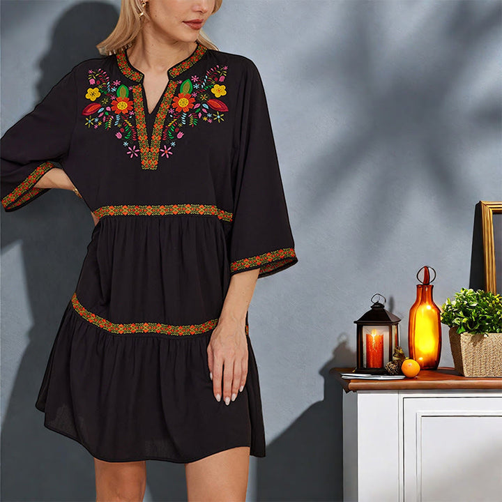 Buddha Stones Black Loose Bohemian Embroidery Floral Geometric Pattern Three Quarter Sleeve Cotton Midi Dress