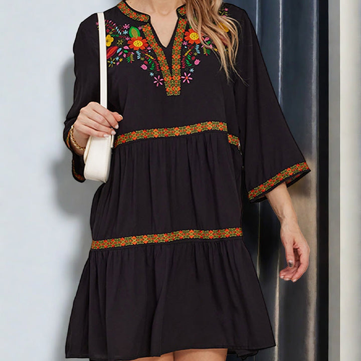Buddha Stones Black Loose Bohemian Embroidery Floral Geometric Pattern Three Quarter Sleeve Cotton Midi Dress