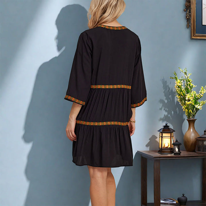 Buddha Stones Black Loose Bohemian Embroidery Floral Geometric Pattern Three Quarter Sleeve Cotton Midi Dress