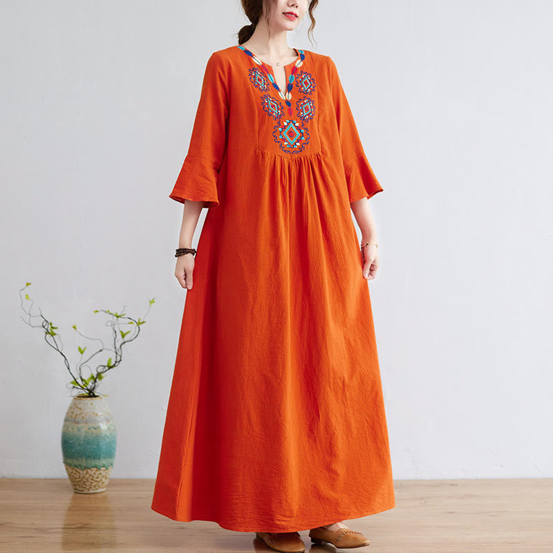 Buddha Stones Loose Plain Ethnic Embroidery Floral Pattern Three Quarter Sleeve Cotton Linen Maxi Dress - OrangeRed - US8-10，UK/AU12-14，EU40-42 (2XL) - image 9