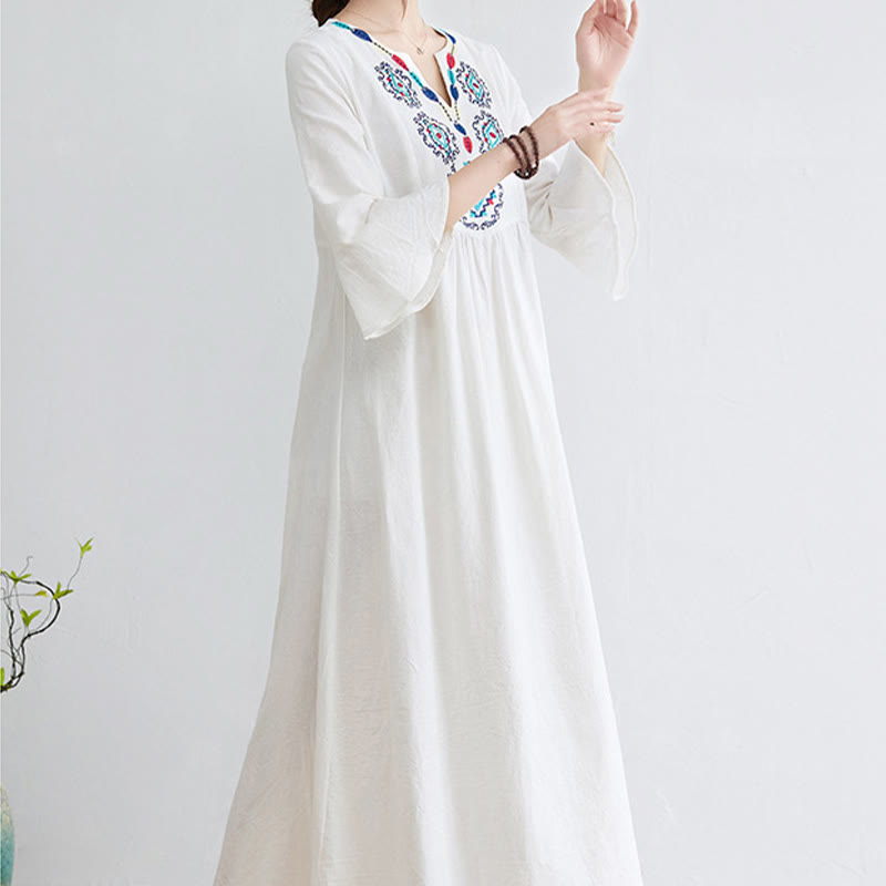 Buddha Stones Loose Plain Ethnic Embroidery Floral Pattern Three Quarter Sleeve Cotton Linen Maxi Dress - image 4