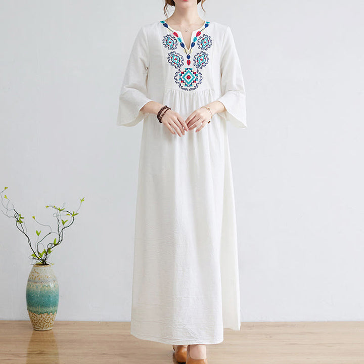 Buddha Stones Loose Plain Ethnic Embroidery Floral Pattern Three Quarter Sleeve Cotton Linen Maxi Dress - image 1