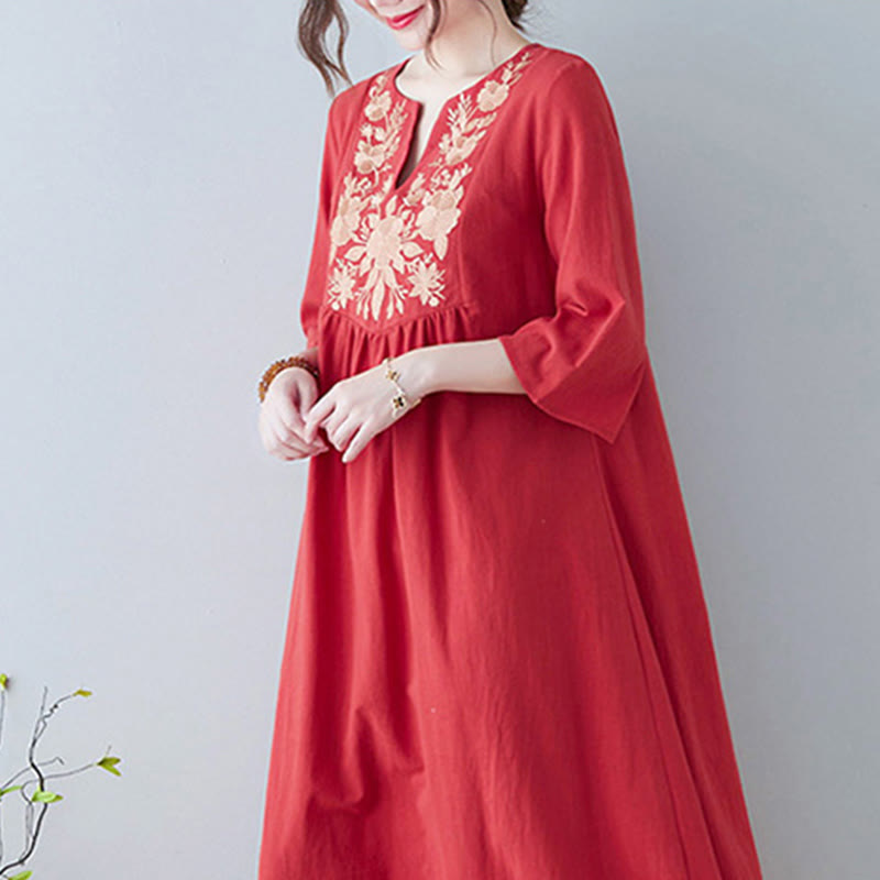 Buddha Stones Casual Bohemia Embroidery Floral Simple Design Three Quarter Sleeve V-Neck Cotton Linen Maxi Dress - image 16