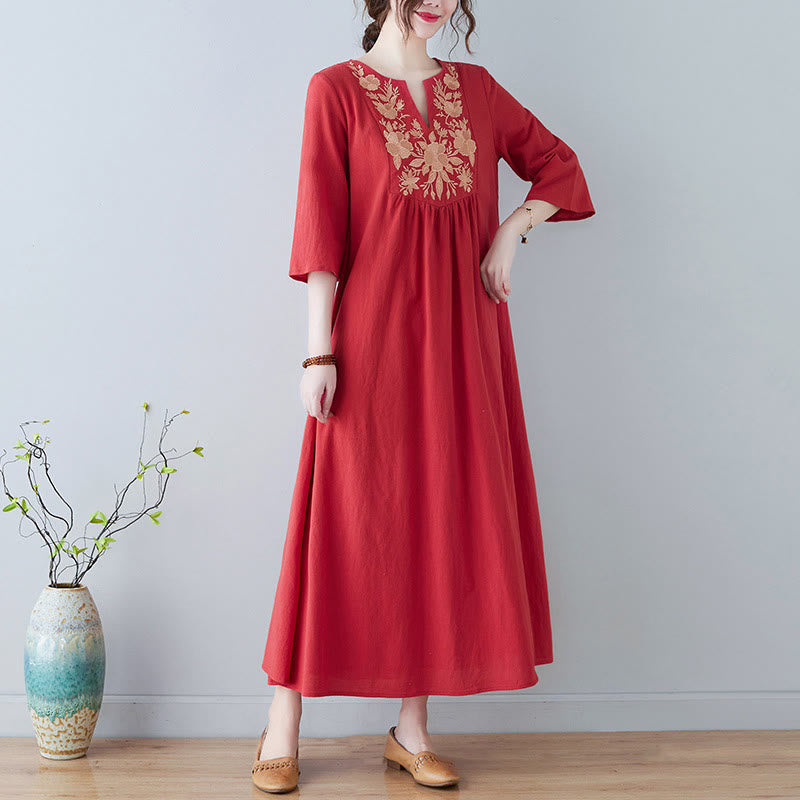 Buddha Stones Casual Bohemia Embroidery Floral Simple Design Three Quarter Sleeve V-Neck Cotton Linen Maxi Dress - OrangeRed - US8-10，UK/AU12-14，EU40-42 (2XL) - image 12