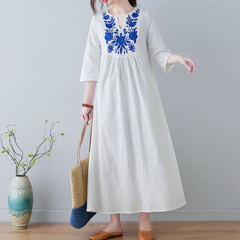 Buddha Stones Casual Bohemia Embroidery Floral Simple Design Three Quarter Sleeve V-Neck Cotton Linen Maxi Dress - image 6