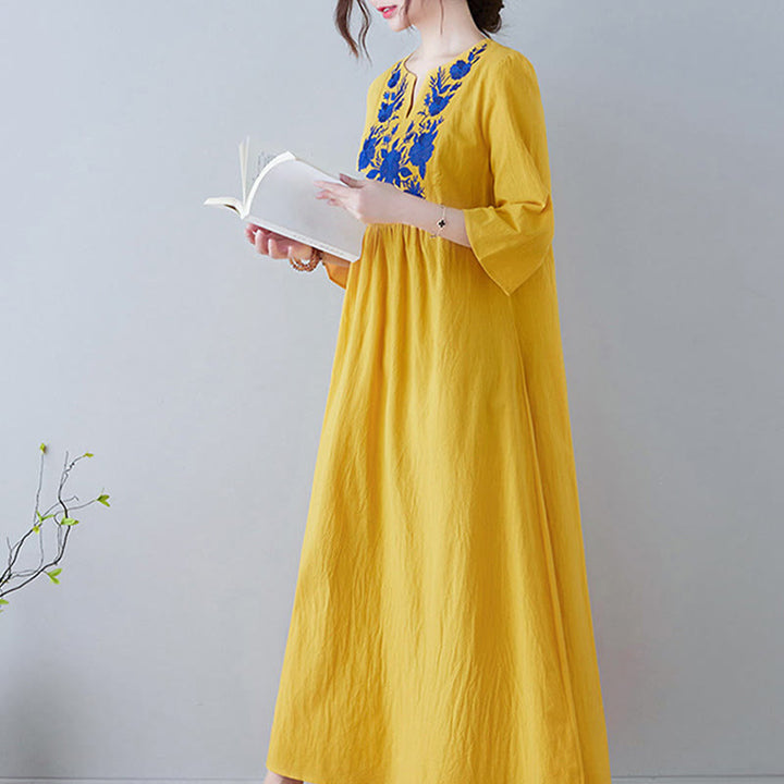 Buddha Stones Casual Bohemia Embroidery Floral Simple Design Three Quarter Sleeve V-Neck Cotton Linen Maxi Dress - image 3