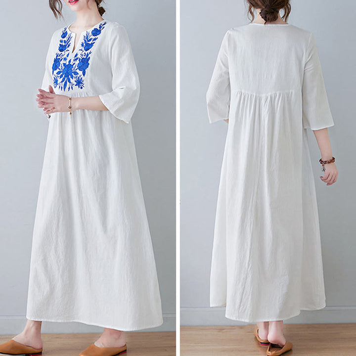 Buddha Stones Casual Bohemia Embroidery Floral Simple Design Three Quarter Sleeve V-Neck Cotton Linen Maxi Dress - image 11
