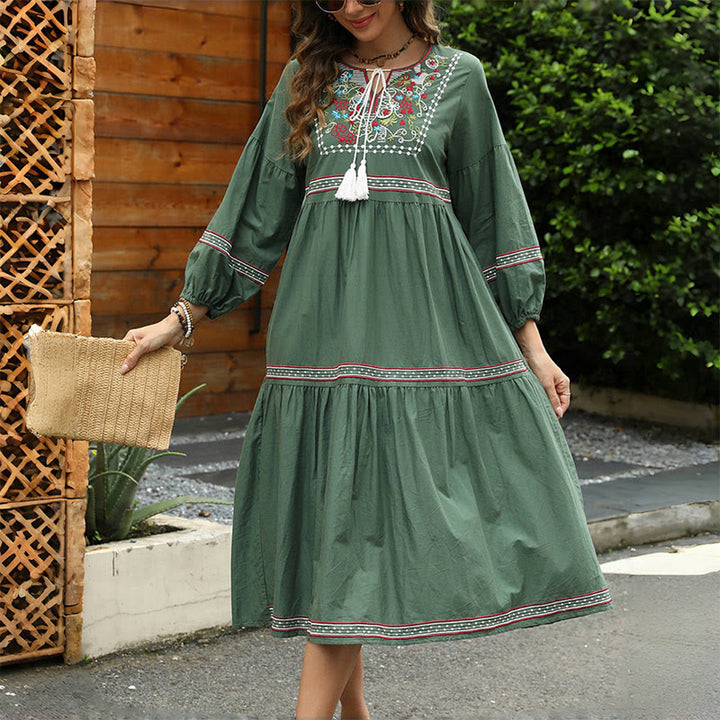 Buddha Stones DarkGreen Retro Ethnic Embroidery Long Lantern Sleeve Linen Cotton Midi Dress - image 4