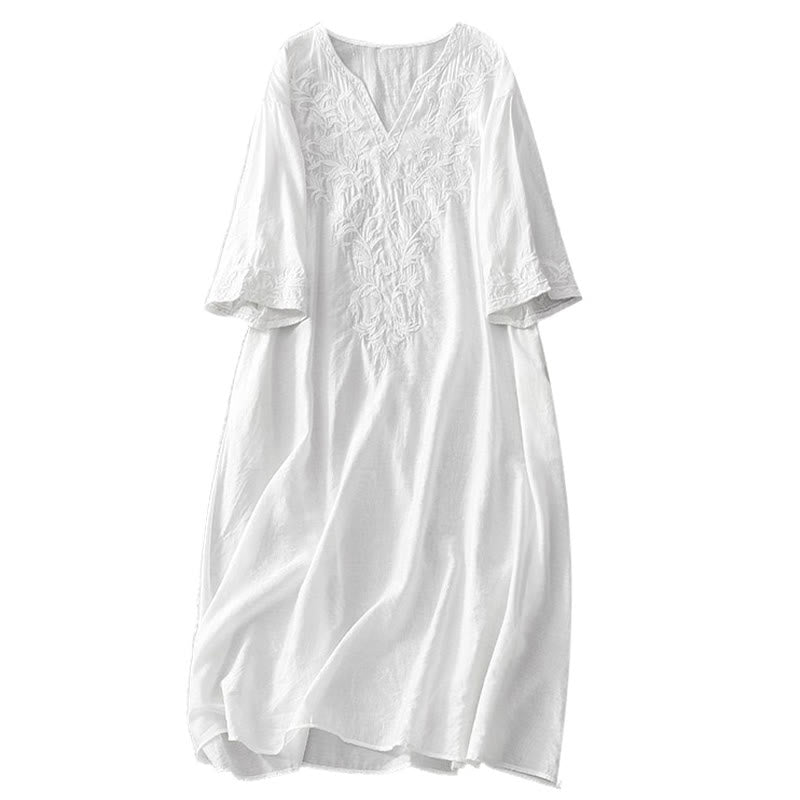 Buddha Stones Summer White Pure Color Embroidery Leaf Flower V-Neck Short Sleeve Midi Dress With Pockets - image 12