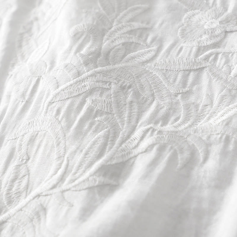 Buddha Stones Summer White Pure Color Embroidery Leaf Flower V-Neck Short Sleeve Midi Dress With Pockets - image 4