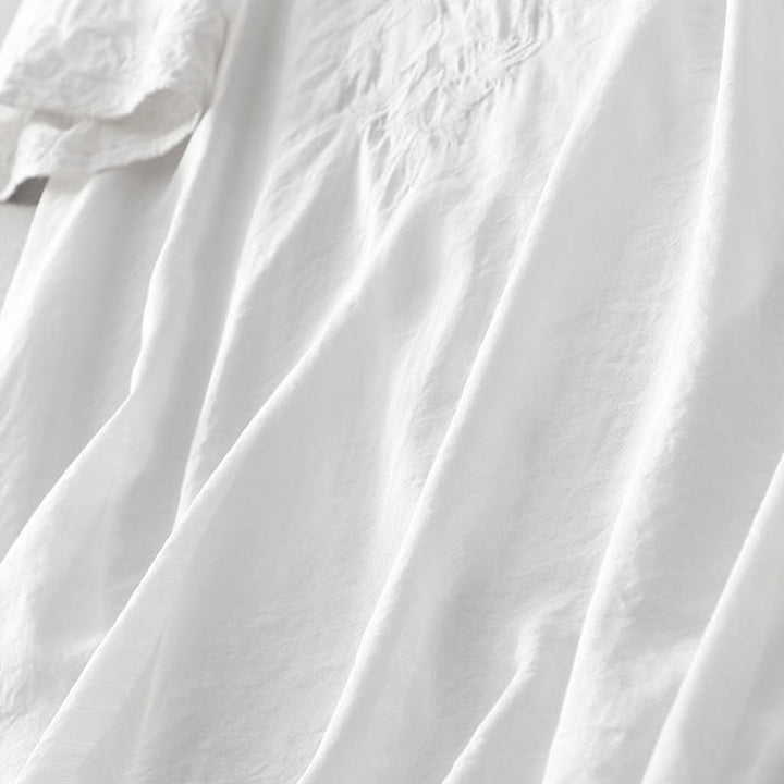 Buddha Stones Summer White Pure Color Embroidery Leaf Flower V-Neck Short Sleeve Midi Dress With Pockets - image 6