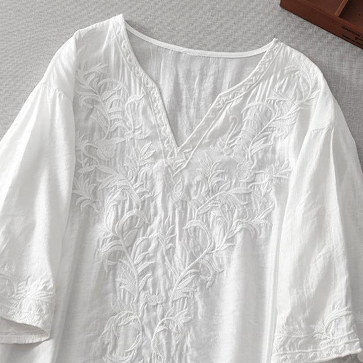 Buddha Stones Summer White Pure Color Embroidery Leaf Flower V-Neck Short Sleeve Midi Dress With Pockets - image 3