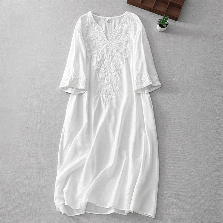 Buddha Stones Summer White Pure Color Embroidery Leaf Flower V-Neck Short Sleeve Midi Dress With Pockets - White - US8-10，UK/AU12-14，EU40-42 (2XL) - image 0
