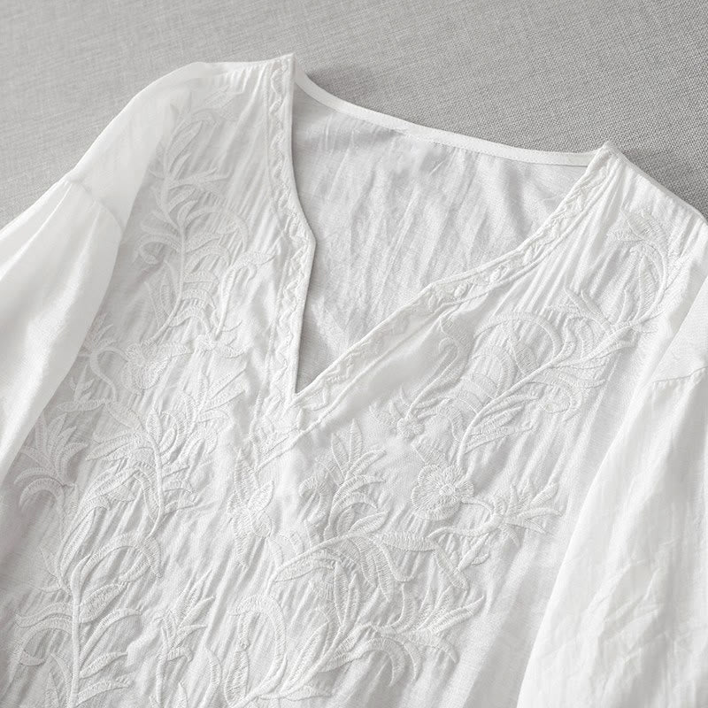 Buddha Stones Summer White Pure Color Embroidery Leaf Flower V-Neck Short Sleeve Midi Dress With Pockets - image 2