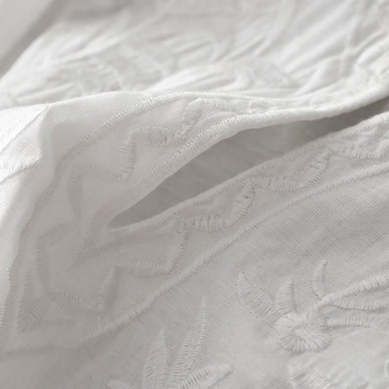 Buddha Stones Summer White Pure Color Embroidery Leaf Flower V-Neck Short Sleeve Midi Dress With Pockets - image 8