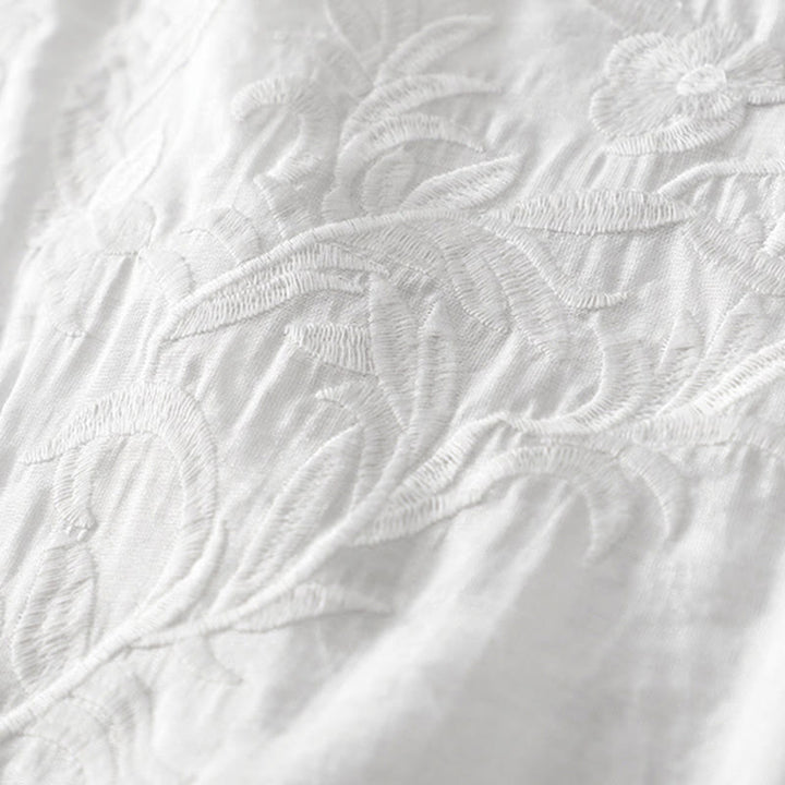 Buddha Stones Summer White Pure Color Embroidery Leaf Flower V-Neck Short Sleeve Midi Dress With Pockets - image 5