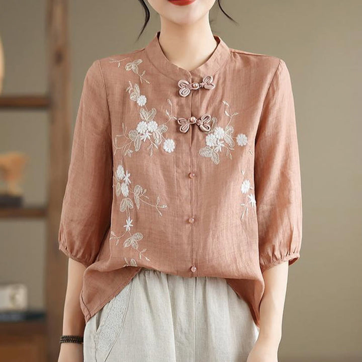 Buddha Stones Vintage Flower Embroidery Three Quarter Sleeve Frog-Button Cotton Linen Women's Shirt - image 9