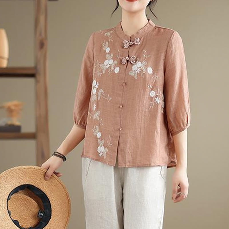 Buddha Stones Vintage Flower Embroidery Three Quarter Sleeve Frog-Button Cotton Linen Women's Shirt - image 11