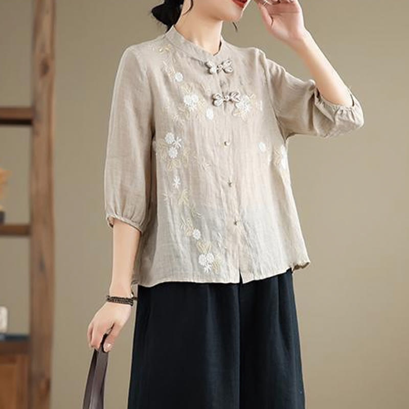 Buddha Stones Vintage Flower Embroidery Three Quarter Sleeve Frog-Button Cotton Linen Women's Shirt - image 7