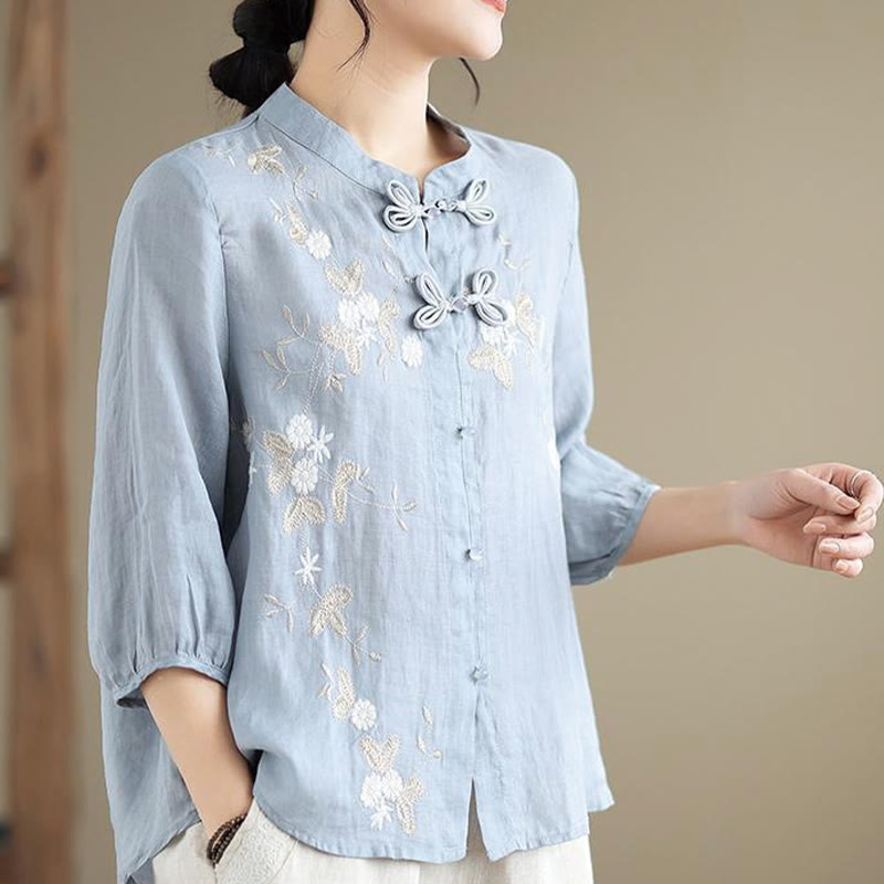 Buddha Stones Vintage Flower Embroidery Three Quarter Sleeve Frog-Button Cotton Linen Women's Shirt - image 1