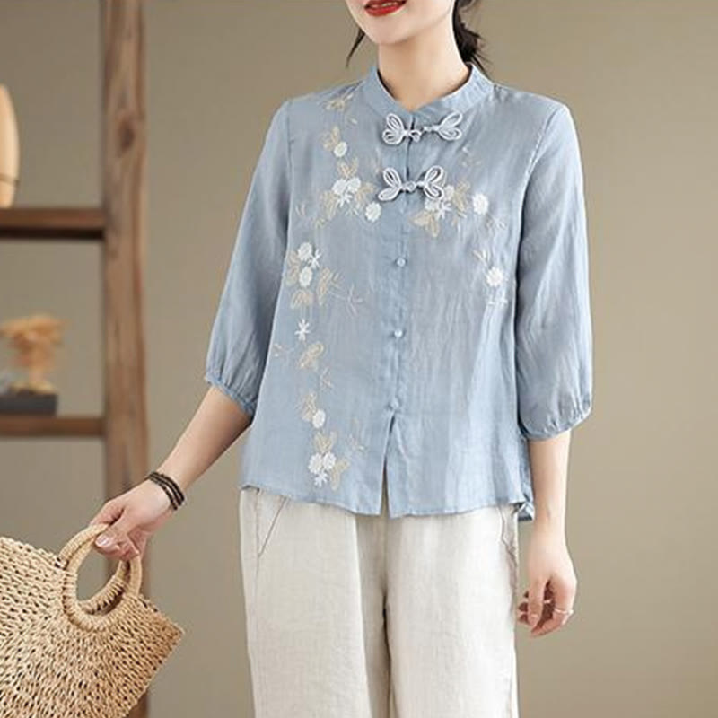 Buddha Stones Vintage Flower Embroidery Three Quarter Sleeve Frog-Button Cotton Linen Women's Shirt - image 2