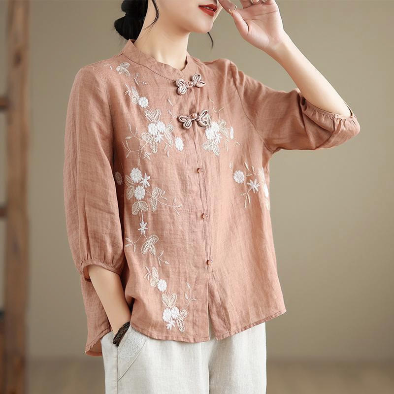 Buddha Stones Vintage Flower Embroidery Three Quarter Sleeve Frog-Button Cotton Linen Women's Shirt - LightSalmon - US8-10，UK/AU12-14，EU40-42 (2XL) - image 8