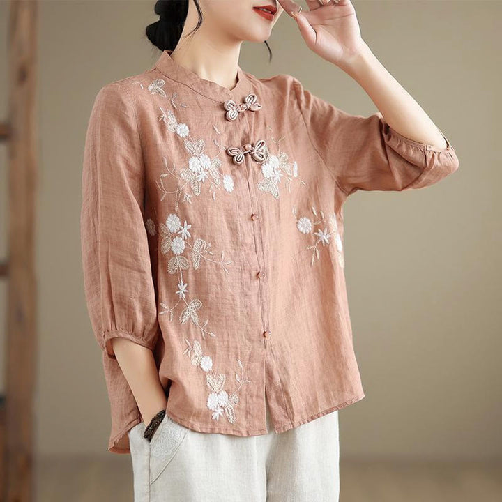 Buddha Stones Vintage Flower Embroidery Three Quarter Sleeve Frog-Button Cotton Linen Women's Shirt - LightSalmon - US8-10，UK/AU12-14，EU40-42 (2XL) - image 8