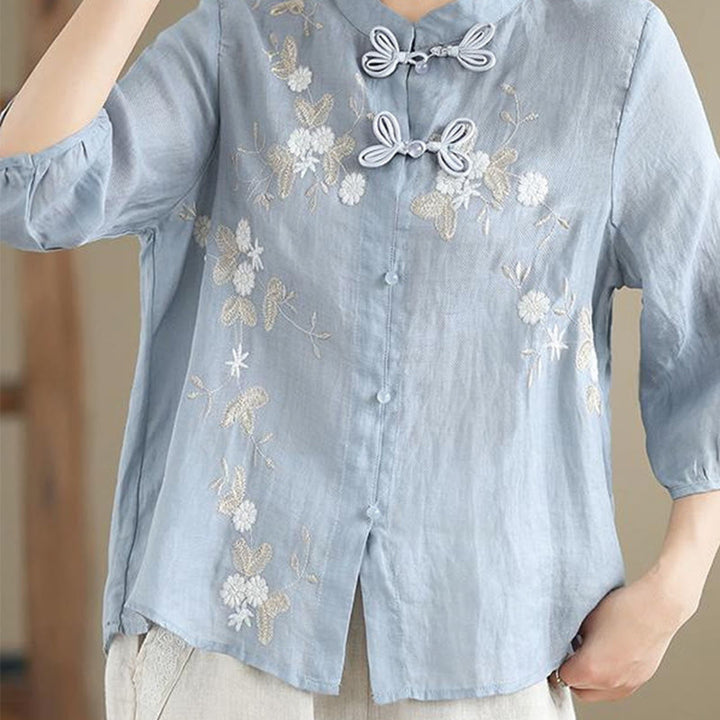 Buddha Stones Vintage Flower Embroidery Three Quarter Sleeve Frog-Button Cotton Linen Women's Shirt - image 3