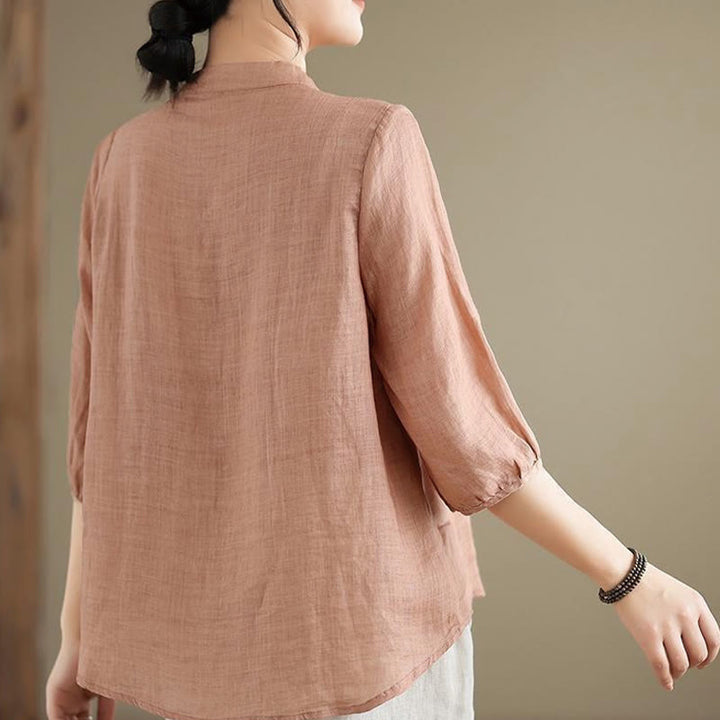 Buddha Stones Vintage Flower Embroidery Three Quarter Sleeve Frog-Button Cotton Linen Women's Shirt - image 10