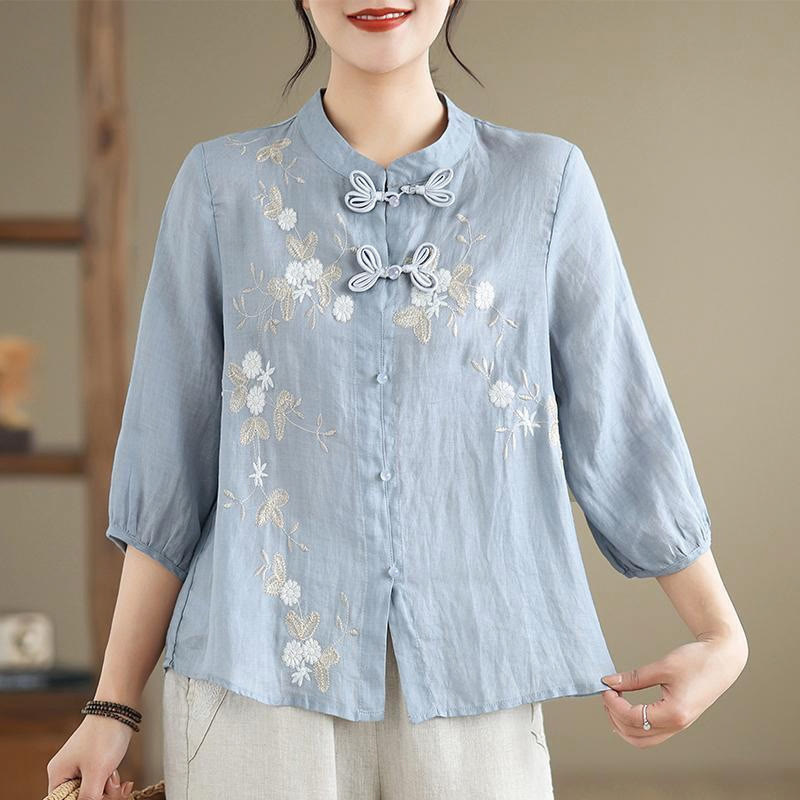 Buddha Stones Vintage Flower Embroidery Three Quarter Sleeve Frog-Button Cotton Linen Women's Shirt - LightSkyBlue - US8-10，UK/AU12-14，EU40-42 (2XL) - image 0