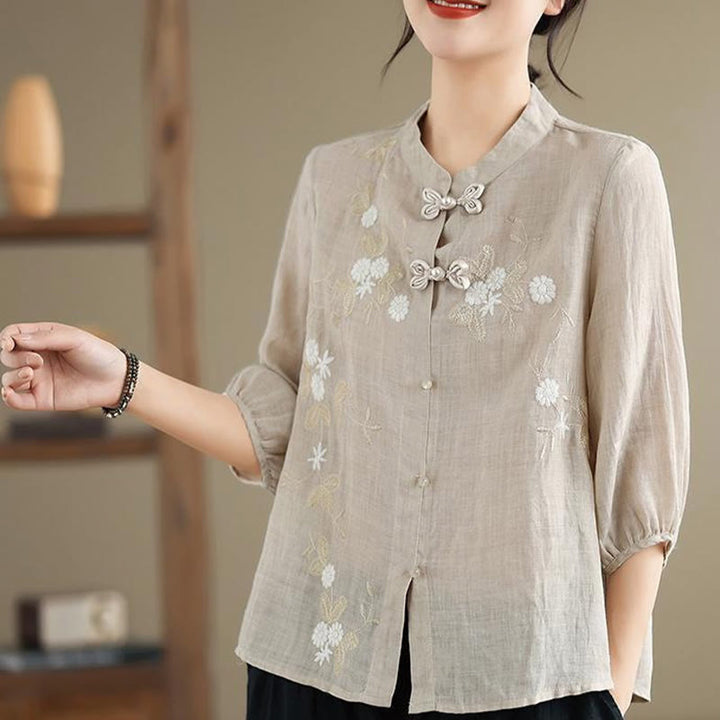 Buddha Stones Vintage Flower Embroidery Three Quarter Sleeve Frog-Button Cotton Linen Women's Shirt - image 6