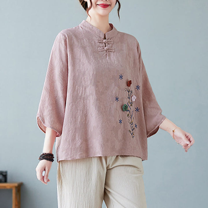 Buddha Stones Vintage Summer Stereoscopic Flower Embroidery Three Quarter Sleeve Frog-Button Cotton Linen Women's Shirt - image 7