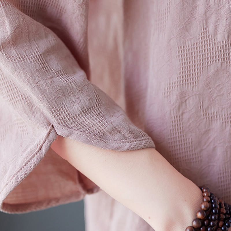 Buddha Stones Vintage Summer Stereoscopic Flower Embroidery Three Quarter Sleeve Frog-Button Cotton Linen Women's Shirt - image 12