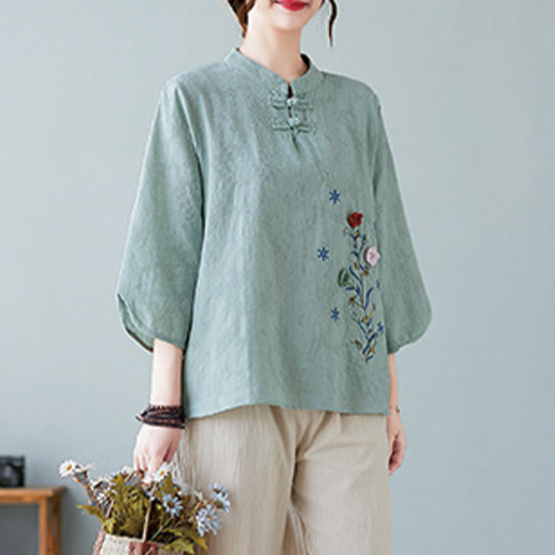 Buddha Stones Vintage Summer Stereoscopic Flower Embroidery Three Quarter Sleeve Frog-Button Cotton Linen Women's Shirt - image 19