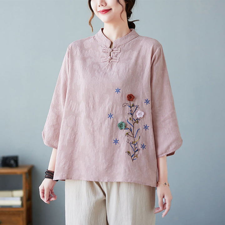 Buddha Stones Vintage Summer Stereoscopic Flower Embroidery Three Quarter Sleeve Frog-Button Cotton Linen Women's Shirt - image 6