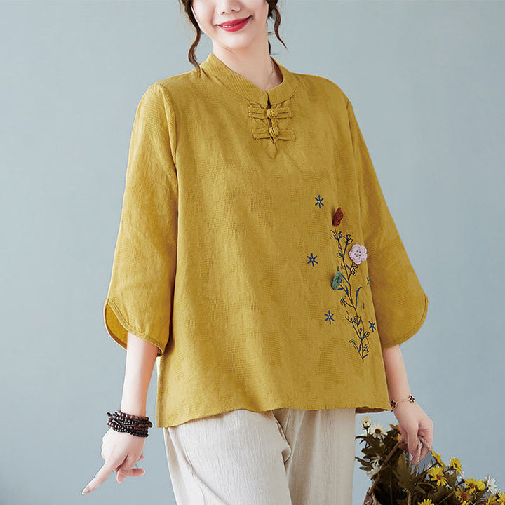 Buddha Stones Vintage Summer Stereoscopic Flower Embroidery Three Quarter Sleeve Frog-Button Cotton Linen Women's Shirt - Goldenrod - US12，UK/AU16，EU44 (3XL) - image 0