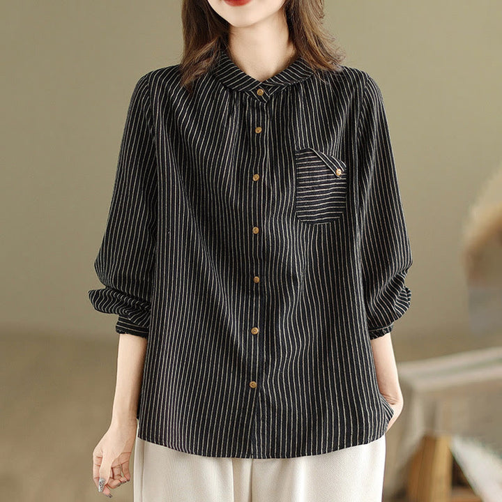 Buddha Stones Spring Causal Splice Design Striped Long Sleeve Button Lapel Cotton Linen Women's Shirt With Pocket - Black - US8-10，UK/AU12-14，EU40-42 (2XL) - image 0