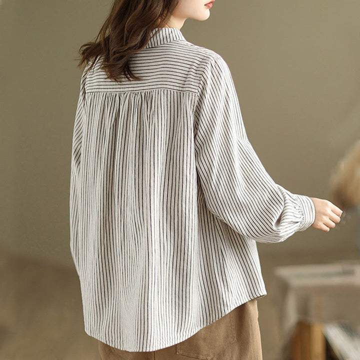 Buddha Stones Spring Causal Splice Design Striped Long Sleeve Button Lapel Cotton Linen Women's Shirt With Pocket - image 7