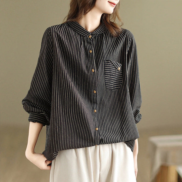 Buddha Stones Spring Causal Splice Design Striped Long Sleeve Button Lapel Cotton Linen Women's Shirt With Pocket - image 4