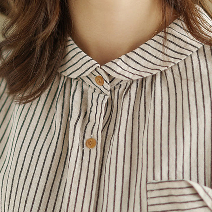 Buddha Stones Spring Causal Splice Design Striped Long Sleeve Button Lapel Cotton Linen Women's Shirt With Pocket - image 12