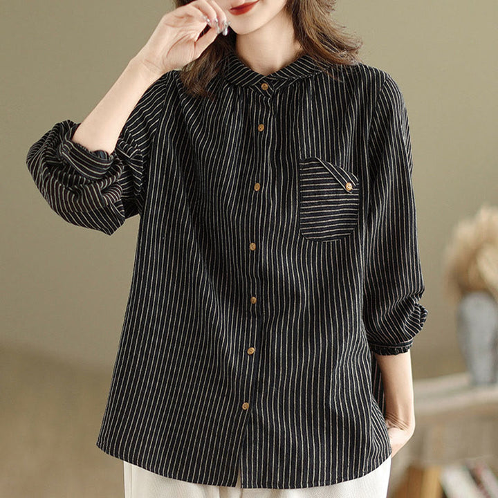 Buddha Stones Spring Causal Splice Design Striped Long Sleeve Button Lapel Cotton Linen Women's Shirt With Pocket - image 1