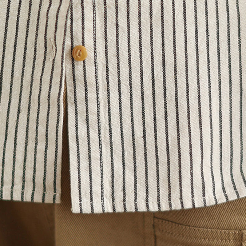Buddha Stones Spring Causal Splice Design Striped Long Sleeve Button Lapel Cotton Linen Women's Shirt With Pocket - image 15