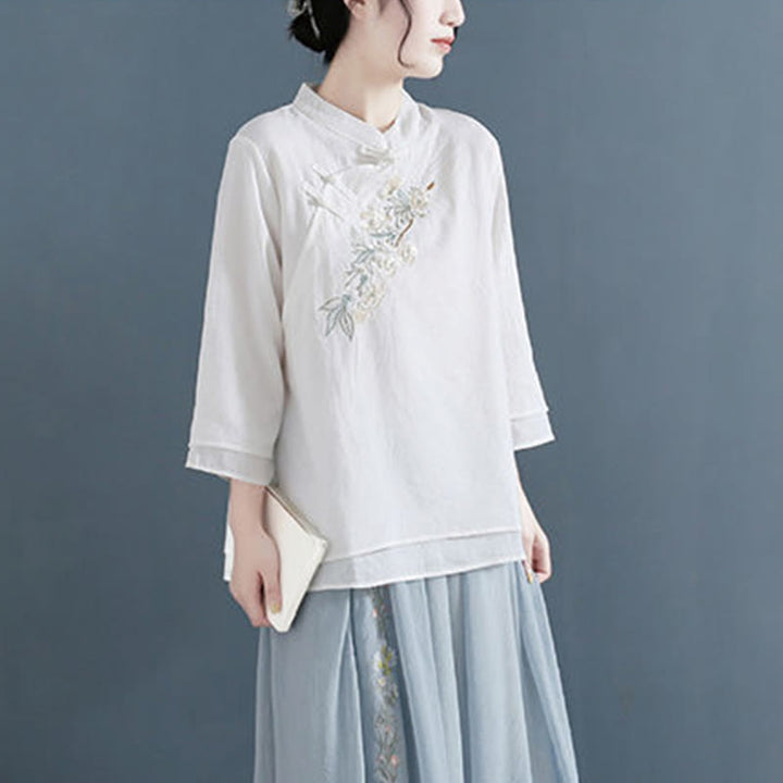 Buddha Stones Flower Embroidery Three Quarter Sleeve Frog-Button Mandarin Collar Cotton Linen Women's Shirt - image 5
